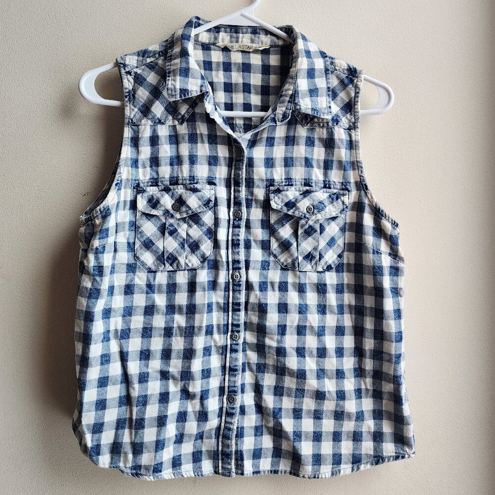 Vanilla Star Juniors Plaid Sleeveless Button Down Crop Top Shirt Size Medium
